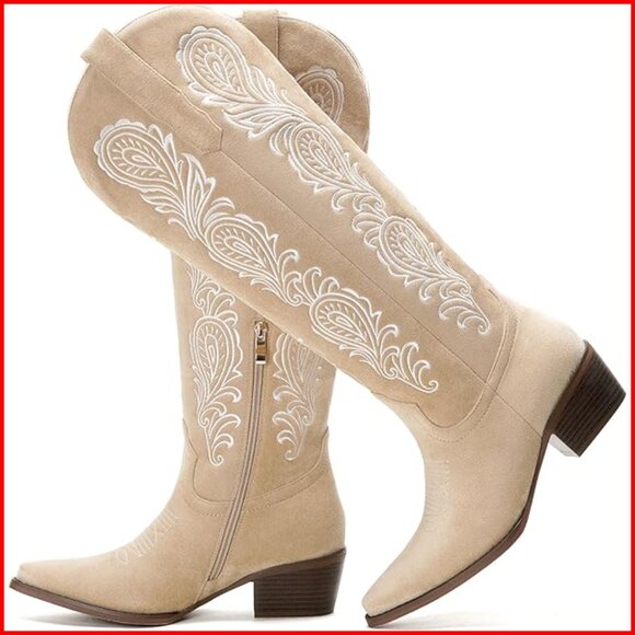 Suede Knee High Cowboy Boots with Embroidered Design and Chunky Heel